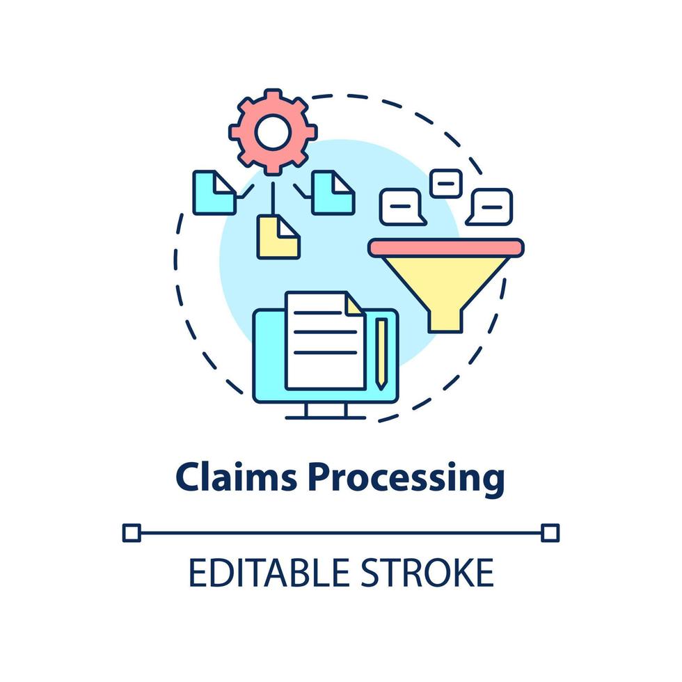 icona del concetto di elaborazione dei reclami. esempi di automazione nell'illustrazione della linea sottile dell'idea astratta di affari. disegno di contorno isolato. tratto modificabile. arial, una miriade di caratteri pro-grassetto utilizzati vettore