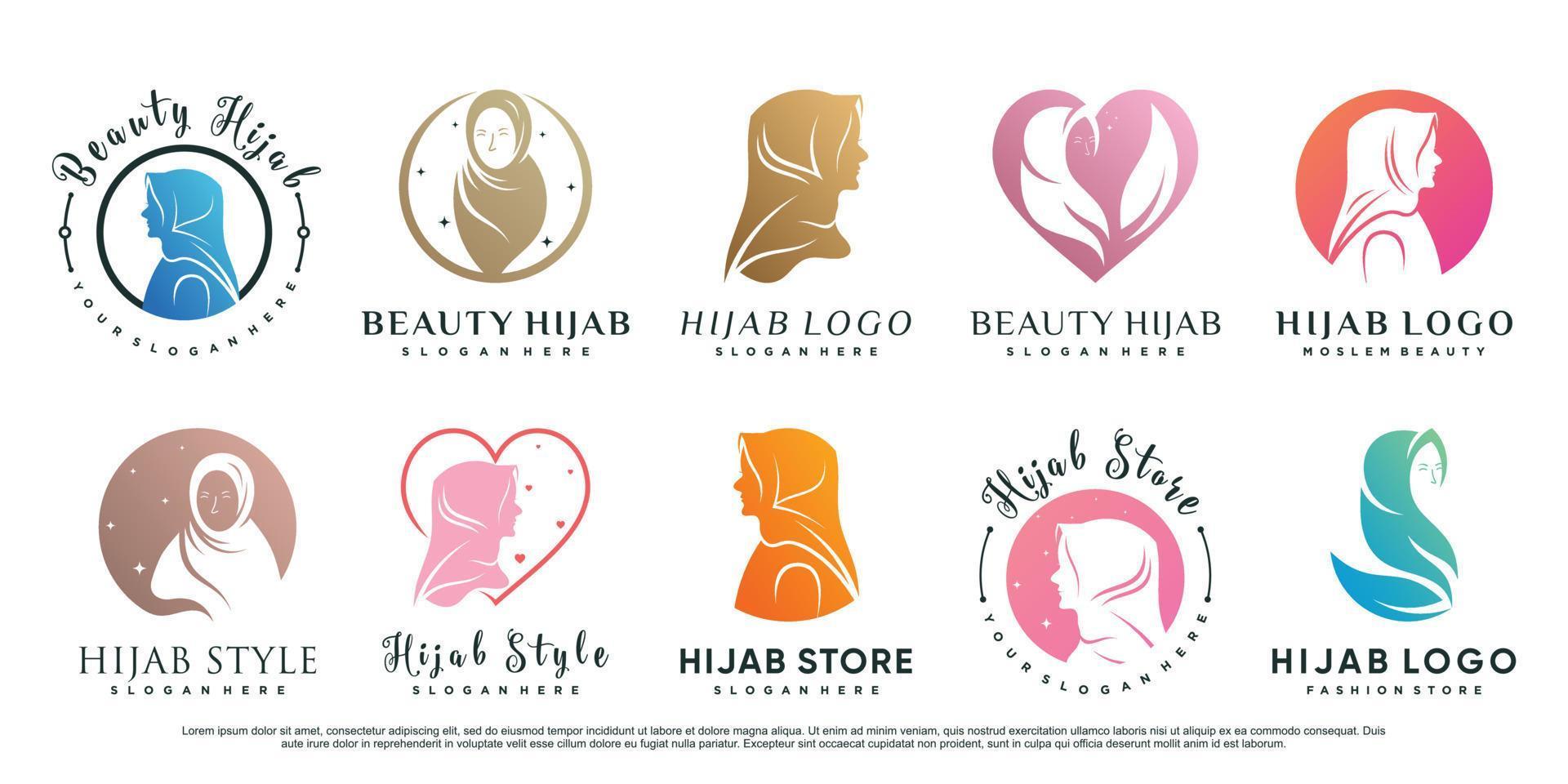 set di design del logo della donna musulmana che indossa il vettore premium hijab