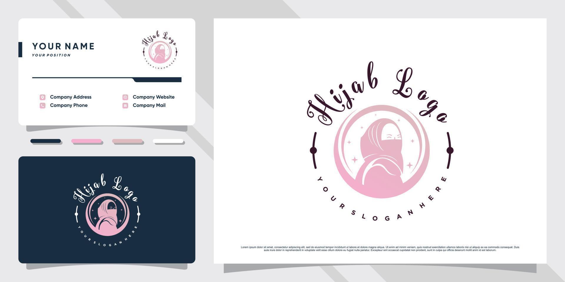 logo musulmano creativo della donna hijab con concetto unico e vettore premium di design del biglietto da visita