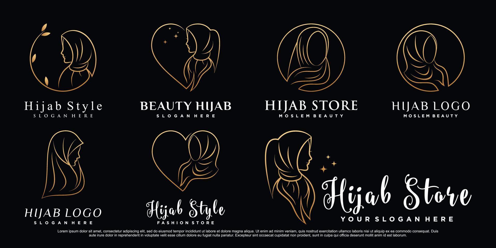 logo del set di icone del negozio di bellezza o hijab con stile artistico al tratto e vettore premium di concetto creativo