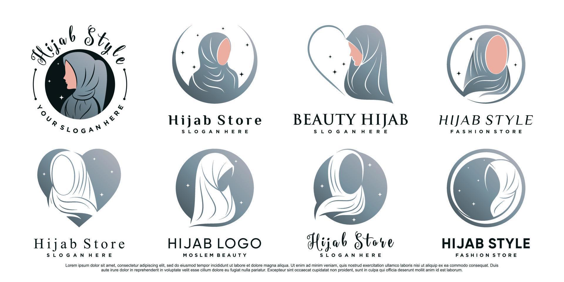 set di modello di design del logo hijab con viso di donna e vettore premium elemento creativo