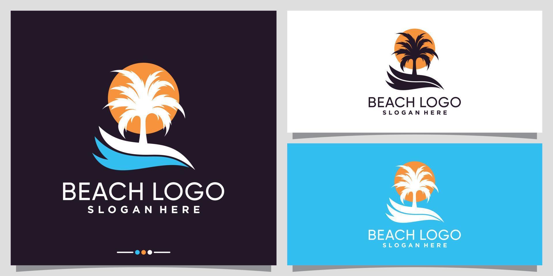 design del logo della spiaggia con vettore premium del logo della palma e del sole