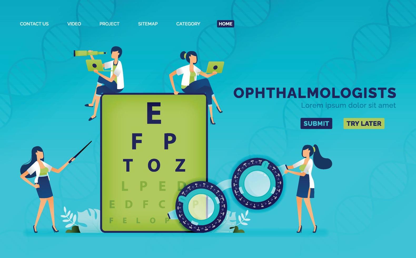 l'illustrazione della salute ottica degli optometristi utilizza telai snellen e di prova per misurare il disturbo della miopia dei pazienti. può essere utilizzato per landing page, web, sito web, poster, app mobili, brochure, annunci, volantini, biglietti vettore