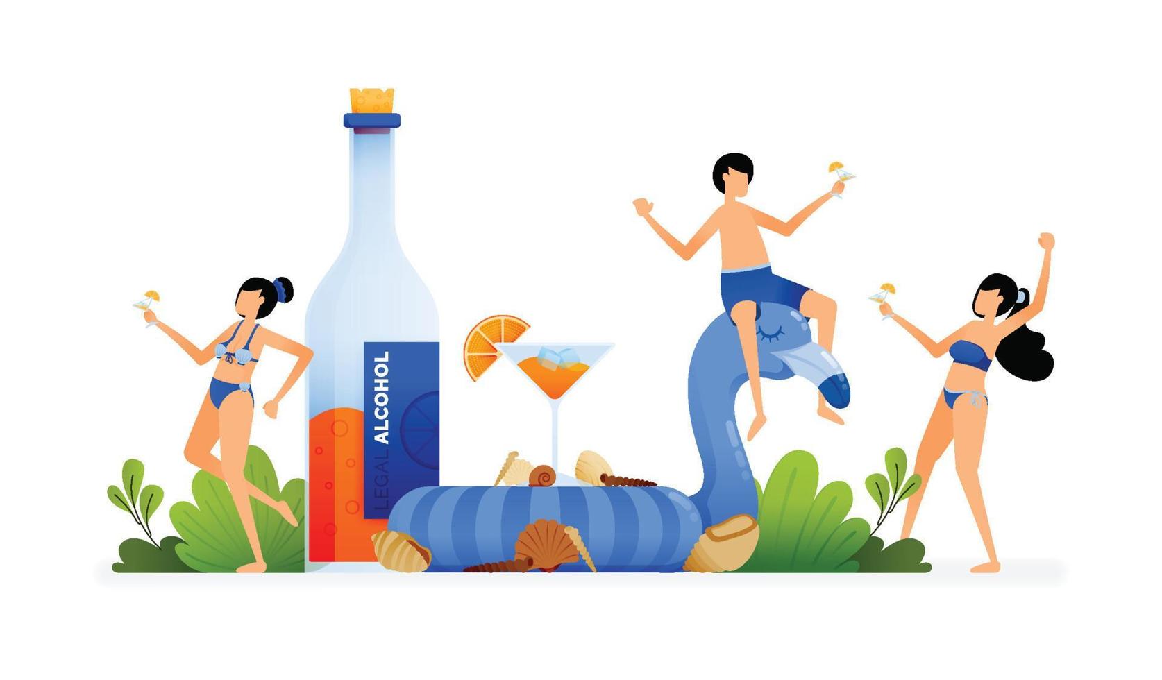 illustrazione vettoriale di persone che festeggiano e bevono bibite arancioni sulla calda spiaggia tropicale durante le vacanze. il design può essere utilizzato per Web, siti Web, poster, app mobili, annunci brochure, volantini, biglietti da visita