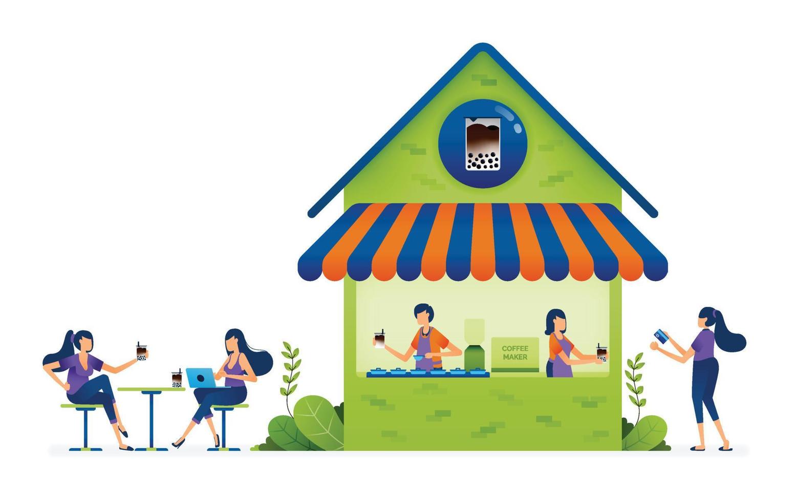 illustrazione di affari di persone che acquistano presso le PMI bevono tè al latte con tapioca boba. sostenere l'economia locale per la sostenibilità. landing page, web, sito web, banner, annunci, card, app, brochure, flyer vettore