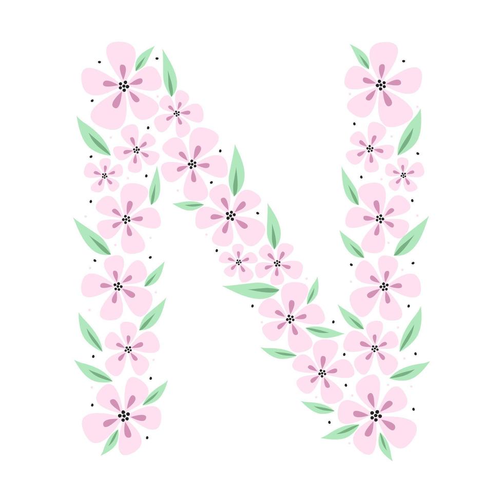 alfabeto botanico floreale. lettera monogramma vintage disegnata a mano n. lettera con piante e fiori. scritte vettoriali isolate su bianco