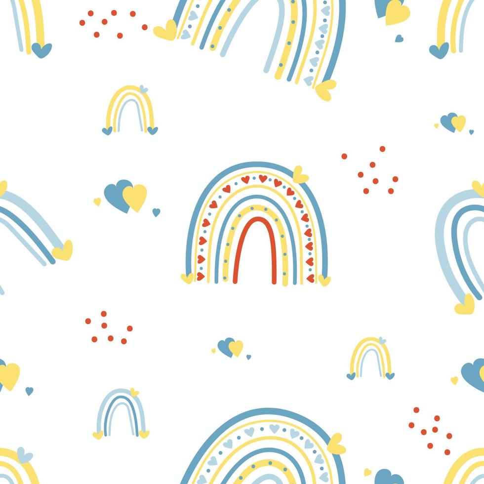 senza cuciture con arcobaleno giallo-blu su sfondo bianco con cuori. illustrazione vettoriale per design, decorazione, imballaggio e decorazione, carta da parati e stampa