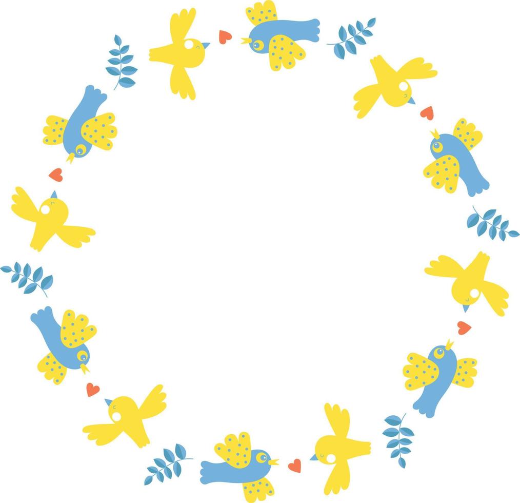cornice rotonda con uccelli e cuore giallo-blu. illustrazione vettoriale. cornice rotonda per arredamento, design, stampa, tovaglioli vettore