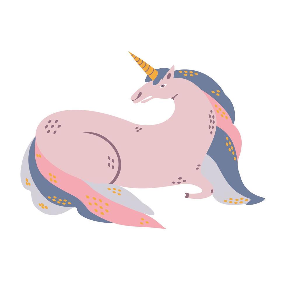 l'unicorno sta riposando. un unicorno rosa con una criniera arcobaleno e un corno dorato. vettore