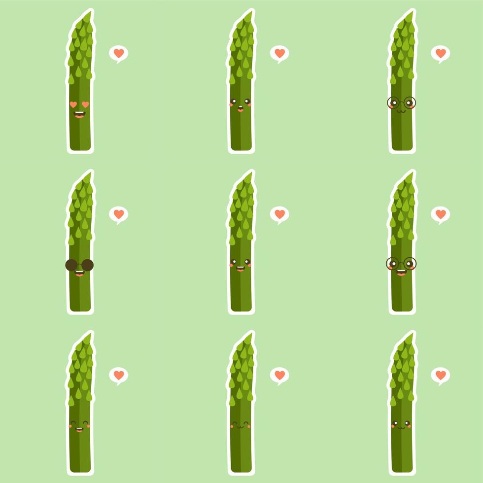 carino asparagi personaggio cartone animato mascotte vegetale cibo sano concetto isolato illustrazione vettoriale. risorsa ad alto contenuto proteico. cibo vegano. utilizzare come ricetta vegetariana, raccolto agricolo vettore