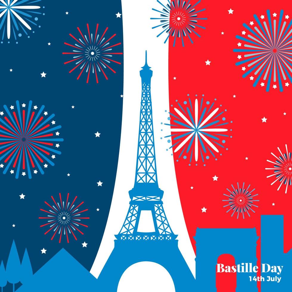 giorno della bastiglia con la torre eiffel e fuochi d'artificio con i colori di sfondo della francia vettore