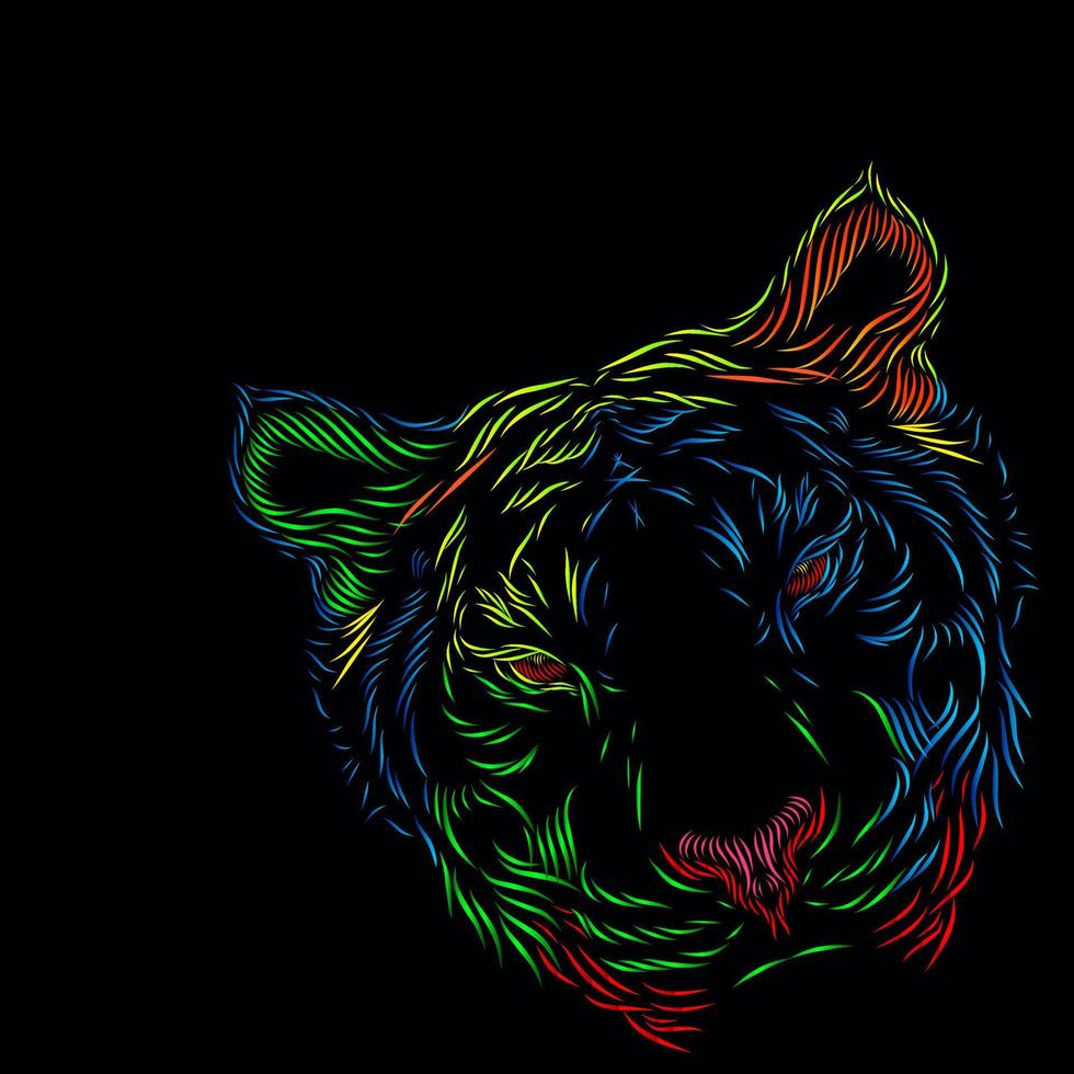 Tiger hunter head face line pop art potrait logo design colorato con sfondo scuro vettore