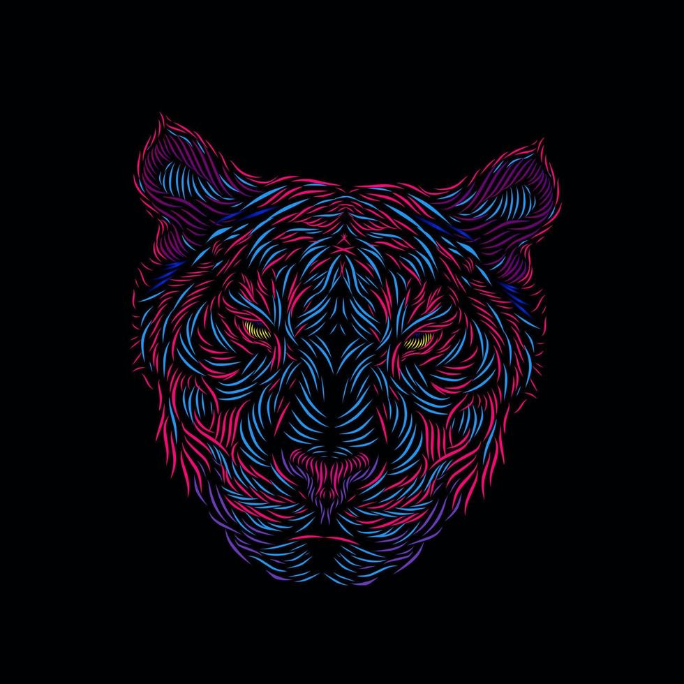 Tiger hunter head face line pop art potrait logo design colorato con sfondo scuro vettore