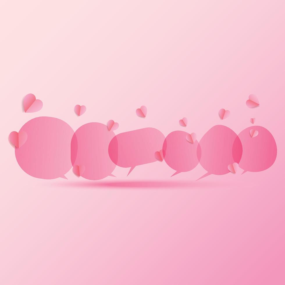 impostare il vettore di bolle di discorso rosa di san valentino, il concetto di comunicazione e conversazione, l'illustrazione di parlare e parlare, la decorazione con il taglio della carta dei cuori