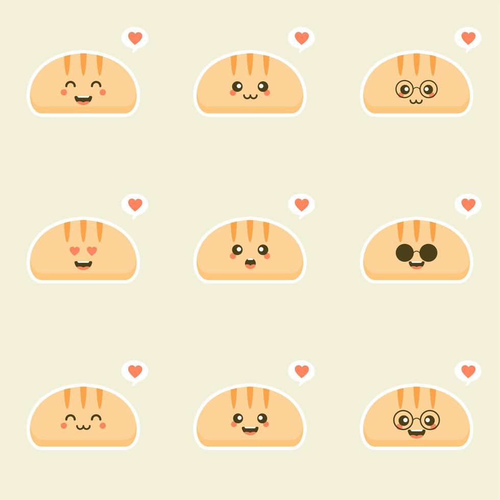 fette di pane simpatico cartone animato con facce kawaii. puoi usare questa emoji per, menu in ristorante o bar, panetteria, pasticceria, negozio, ristorante, vettore