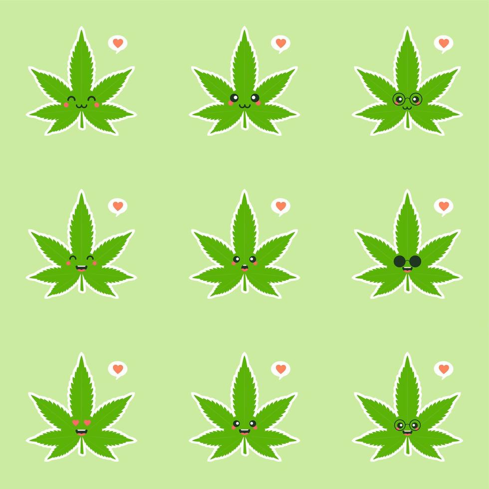 carino e kawaii sorridente felice marijuana erbaccia foglia verde faccia. disegno dell'icona dell'illustrazione del personaggio dei cartoni animati piatto vettoriale. isolato su sfondo colorato. marijuana ganja, cannabis medica e ricreativa vettore