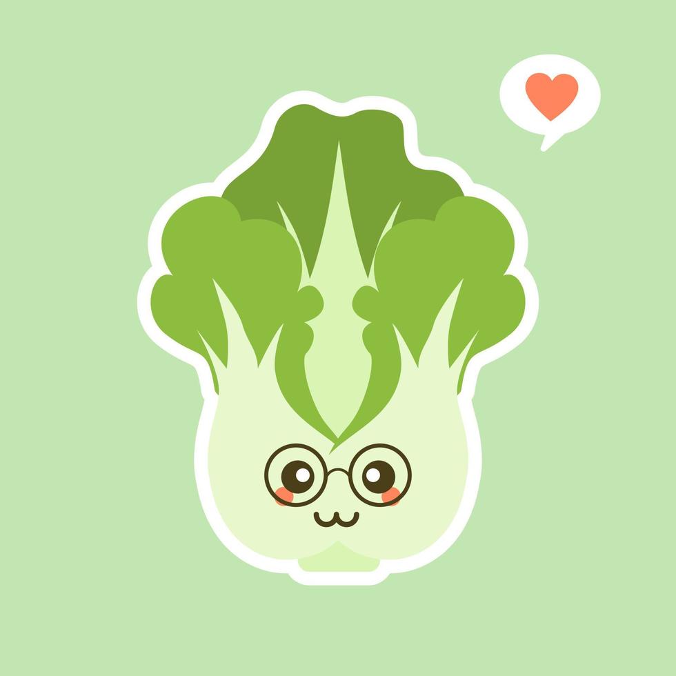 simpatico e kawaii personaggio di cavolo cinese. le verdure. alimentazione naturale, vegetariana, vegana e sana. illustrazione vettoriale piatta su uno sfondo colorato.