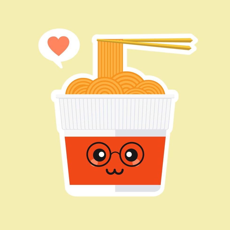 simpatico e kawaii istantaneo tazza di ramen personaggio in stile piatto. tazza di noodle con illustrazione di cartone animato bacchette con emoji ed espressione. può essere utilizzato per ristorante, resto, mascotte, cinese. giapponese, asiatico vettore