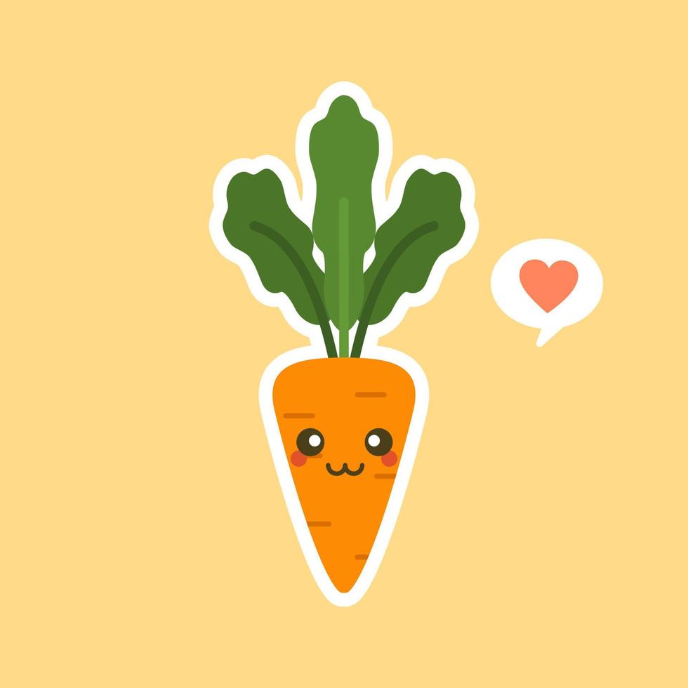 personaggio dei cartoni animati di carota carino kawaii. cartone animato di carote in stile piatto, simpatico personaggio sorridente per poster di cibo sano, stile di vita ecologico zero rifiuti, cibo vegetariano, menu del ristorante, logo del caffè, vegano vettore