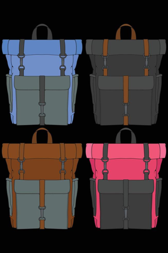 set di zaini colorati vettoriali. zaini per scolaresche, studenti, viaggiatori e turisti. torna a scuola zaino illustrazioni vettoriali piatte isolate su bianco.