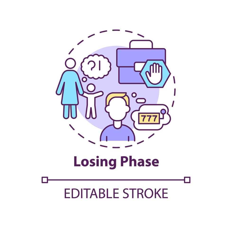 icona del concetto di fase perdente. dipendenza e abitudine. illustrazione della linea sottile dell'idea astratta del problema del gioco d'azzardo compulsivo. disegno di contorno isolato. tratto modificabile. arial, una miriade di caratteri pro-grassetto utilizzati vettore
