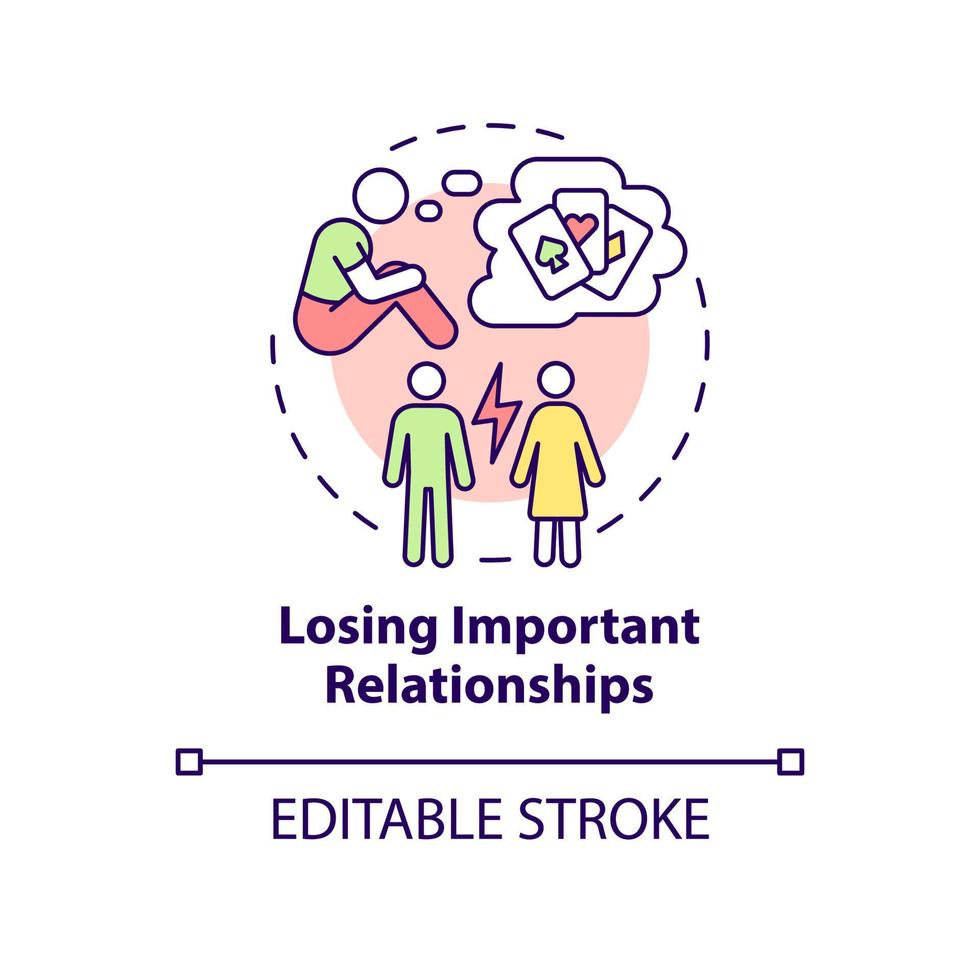 perdendo l'icona del concetto di relazioni importanti. problemi di illustrazione di linea sottile idea astratta giocatore dipendente. disegno di contorno isolato. tratto modificabile. arial, una miriade di caratteri pro-grassetto utilizzati vettore