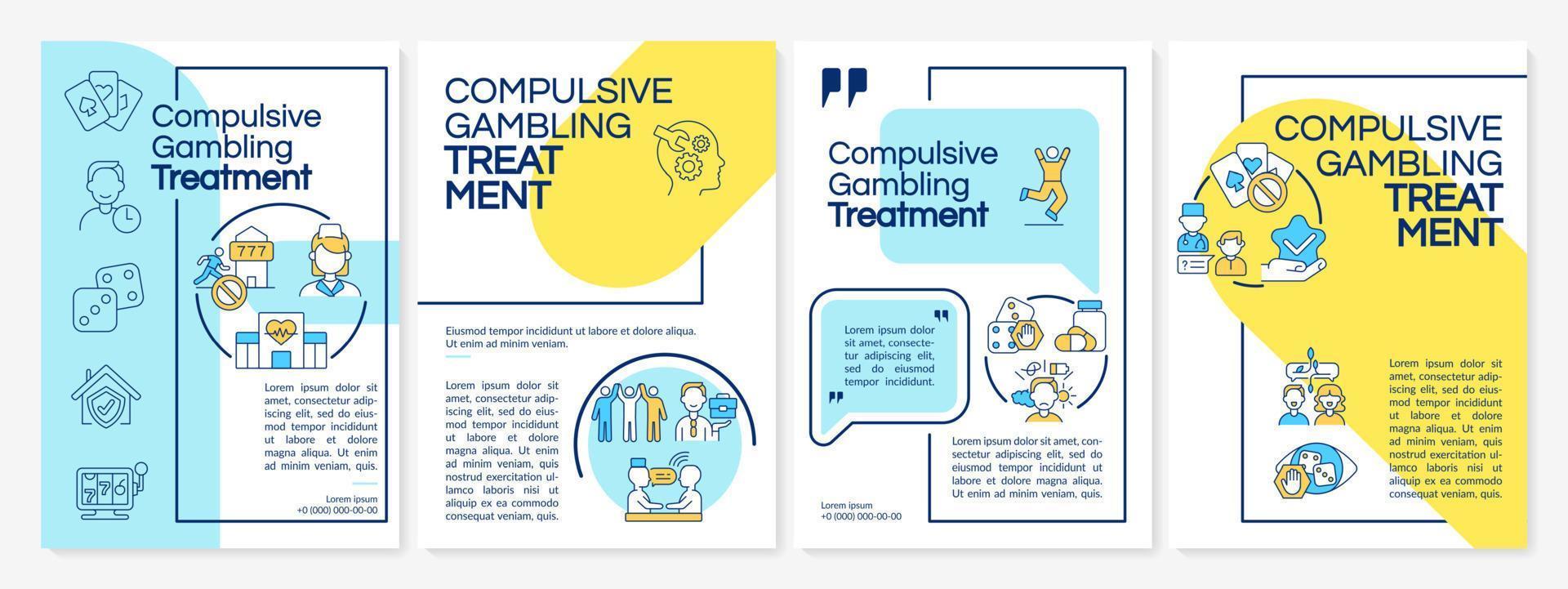 modello di brochure blu e giallo di terapia del gioco compulsivo. design per la stampa di opuscoli con icone lineari. layout vettoriali per presentazioni, relazioni annuali, annunci. sono stati utilizzati caratteri questrial-regular, lato-regular