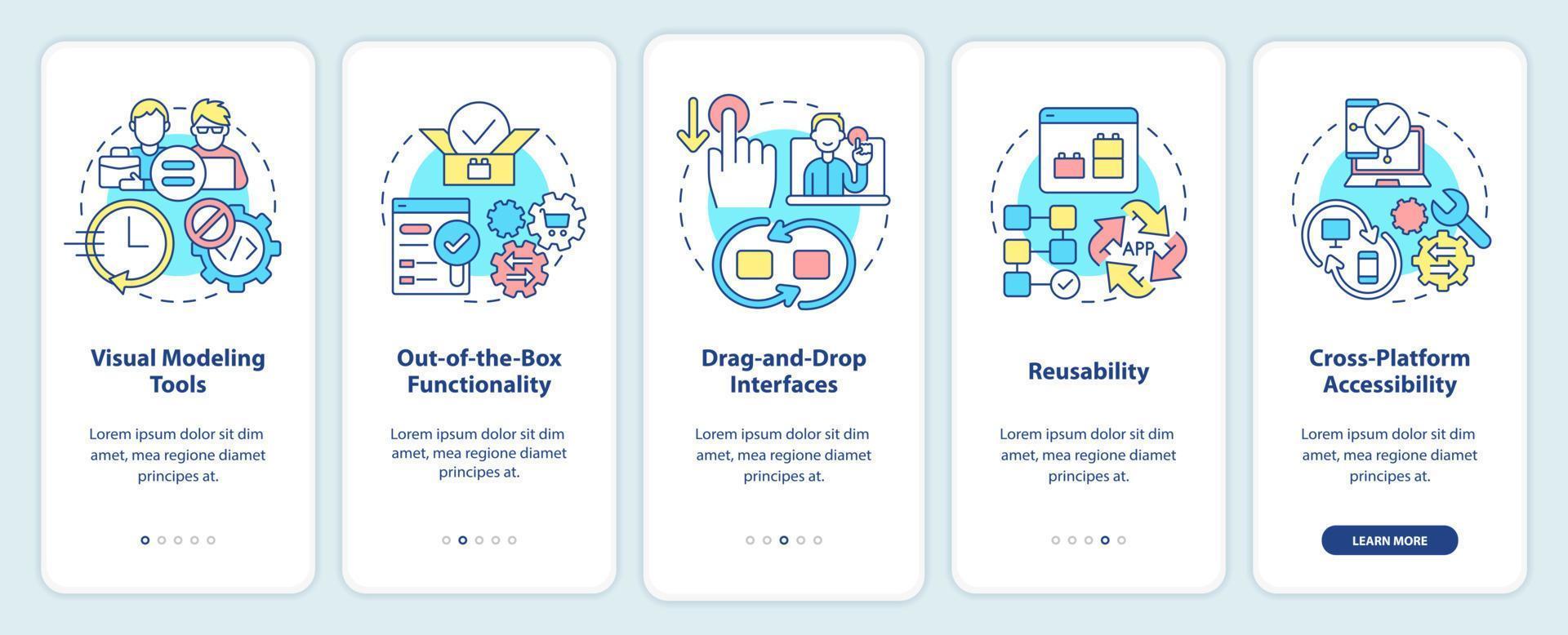 le piattaforme a basso codice includono la schermata dell'app mobile integrata. web 3 0 procedura dettagliata 5 passaggi pagine di istruzioni grafiche con concetti lineari. ui, ux, modello gui. sono stati utilizzati una miriade di caratteri normali in grassetto vettore