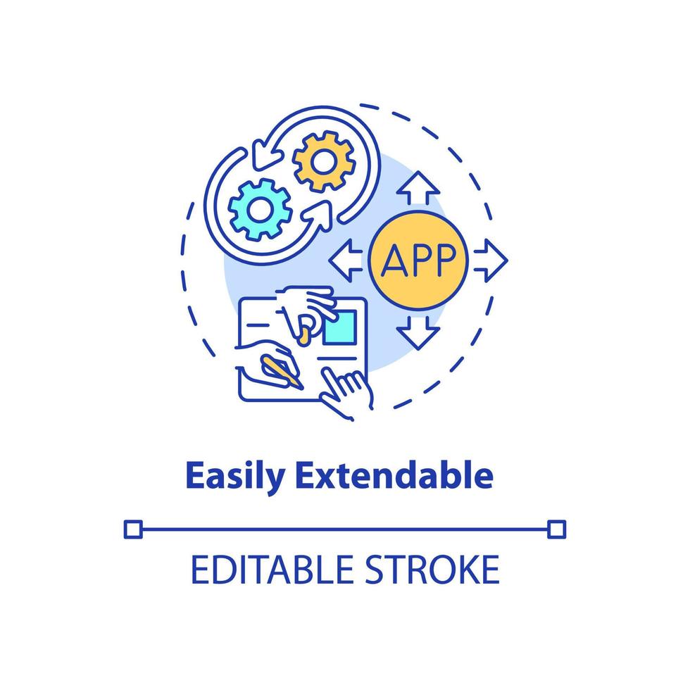 icona del concetto facilmente estensibile. applicazione estensibile per le imprese. web 3 0 idea astratta linea sottile illustrazione. disegno di contorno isolato. tratto modificabile. arial, una miriade di caratteri pro-grassetto utilizzati vettore