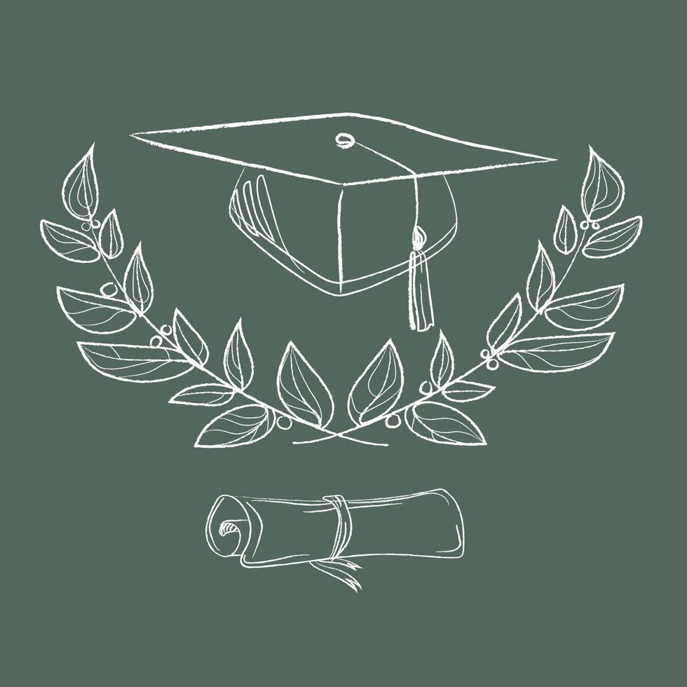 il cappello di laurea e il diploma con una corona d'alloro sono disegnati in uno stile schizzo su uno sfondo verde. concetto di illustrazione vettoriale.education vettore