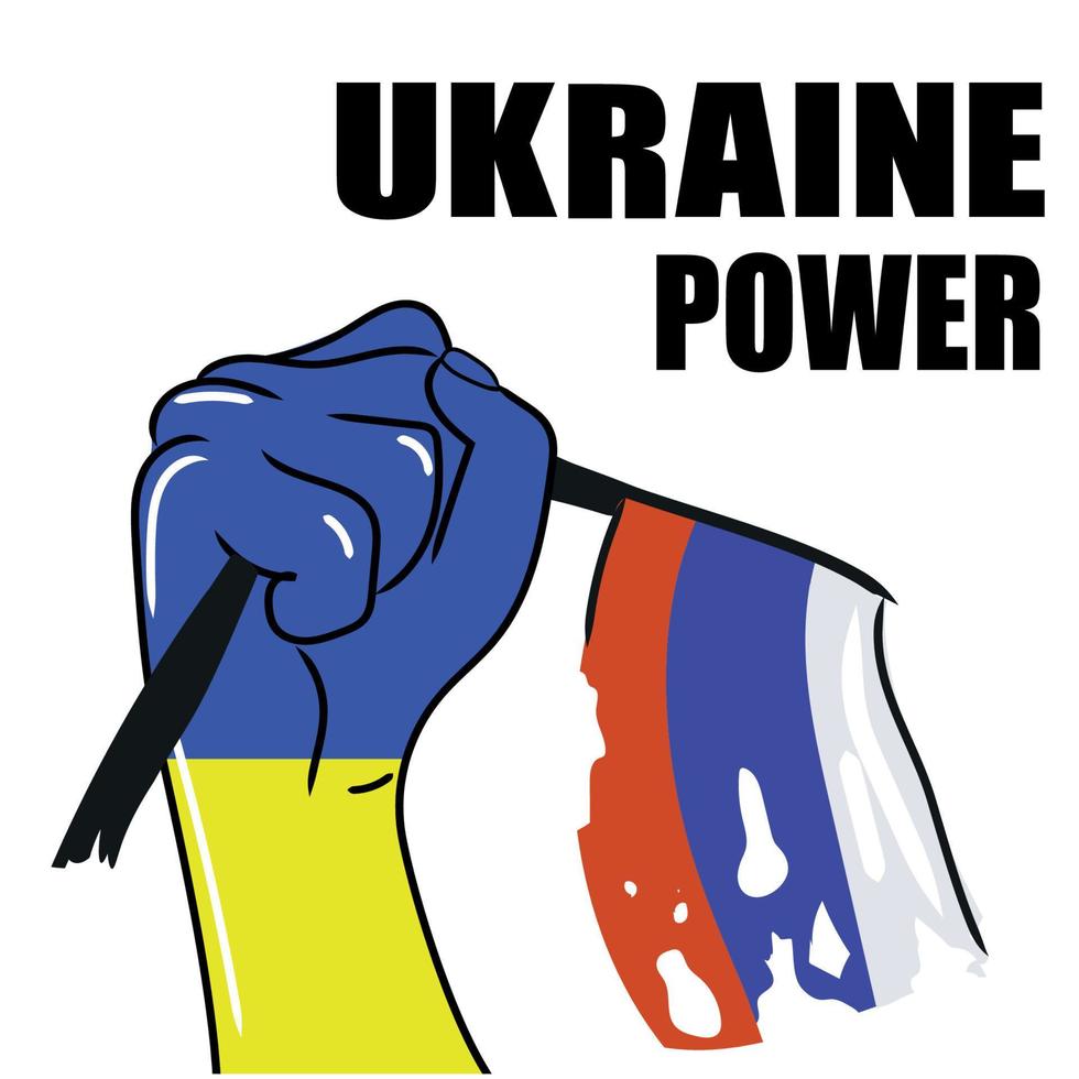 pugno di un uomo con i colori della bandiera ucraina rompe la bandiera della russia in segno di resistenza, illustrazione vettoriale con testo, ucraina power.stop the war russia and ukraine.solidarity with ucraine