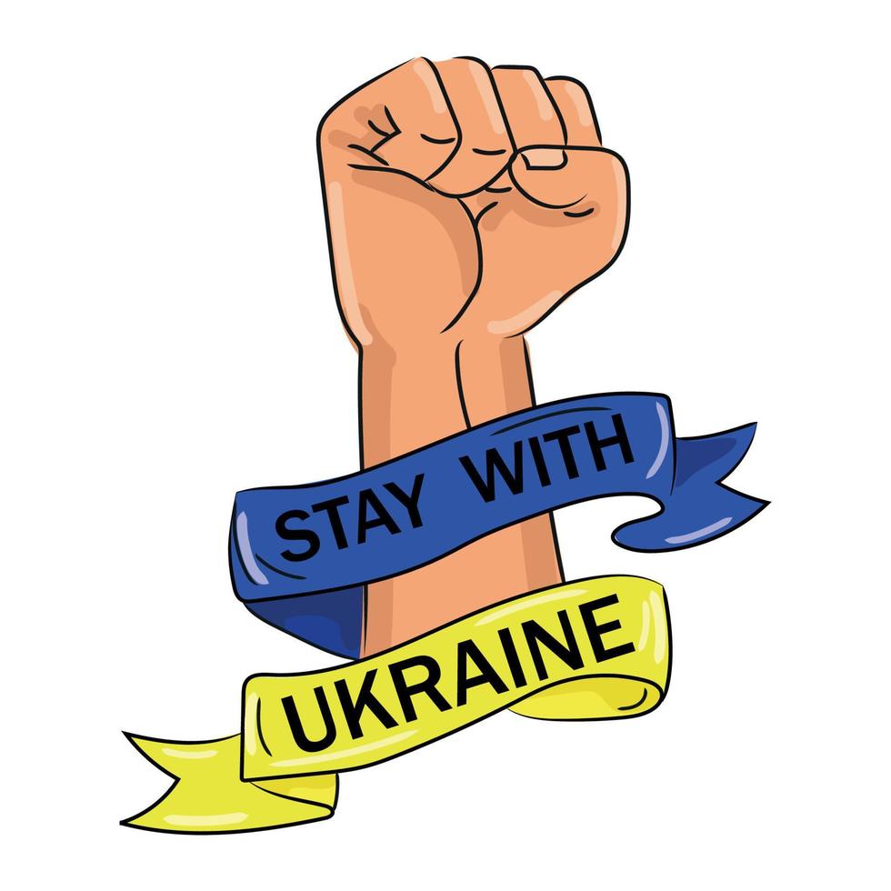 rimani con il segno dell'ucraina. pugno umano con bandiera e testo ucraini, concetto di resistenza. fermare la guerra tra Russia e Ucraina. solidarietà con ukraine.vector fumetto illustrazione su sfondo bianco. vettore