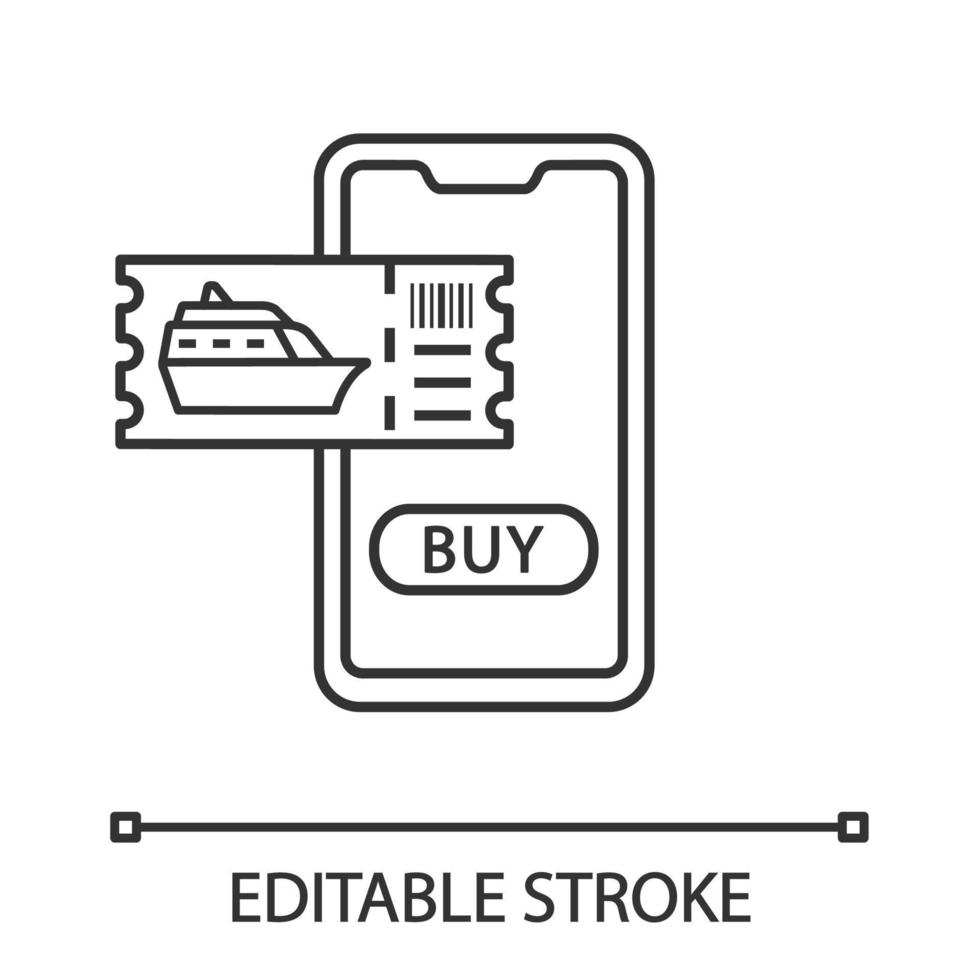 biglietti da crociera acquisto icona lineare. illustrazione al tratto sottile. offerta crociere online, sconti. prenotazione escursioni a terra con smartphone. simbolo di contorno. disegno di contorno isolato vettoriale. tratto modificabile vettore