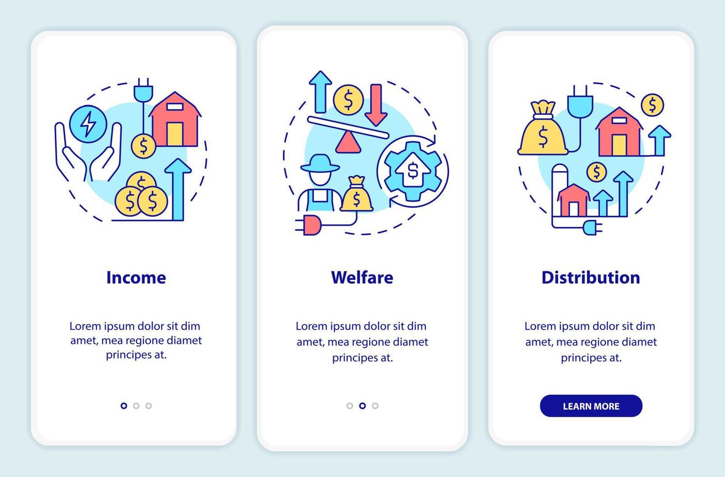 impatto dell'elettrificazione rurale durante l'onboarding dello schermo dell'app mobile. procedura dettagliata 3 passaggi pagine di istruzioni grafiche con concetti lineari. ui, ux, modello gui. sono stati utilizzati una miriade di caratteri normali in grassetto vettore