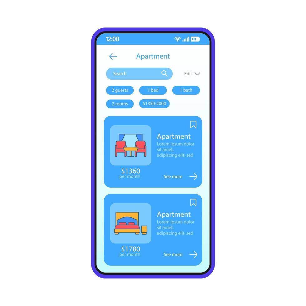 modello vettoriale dell'interfaccia dell'app di prenotazione dell'appartamento. layout di design blu dell'interfaccia dell'app mobile. residenza in affitto ricerca applicazione smartphone. interfaccia utente piatta. display telefono con listino appartamenti