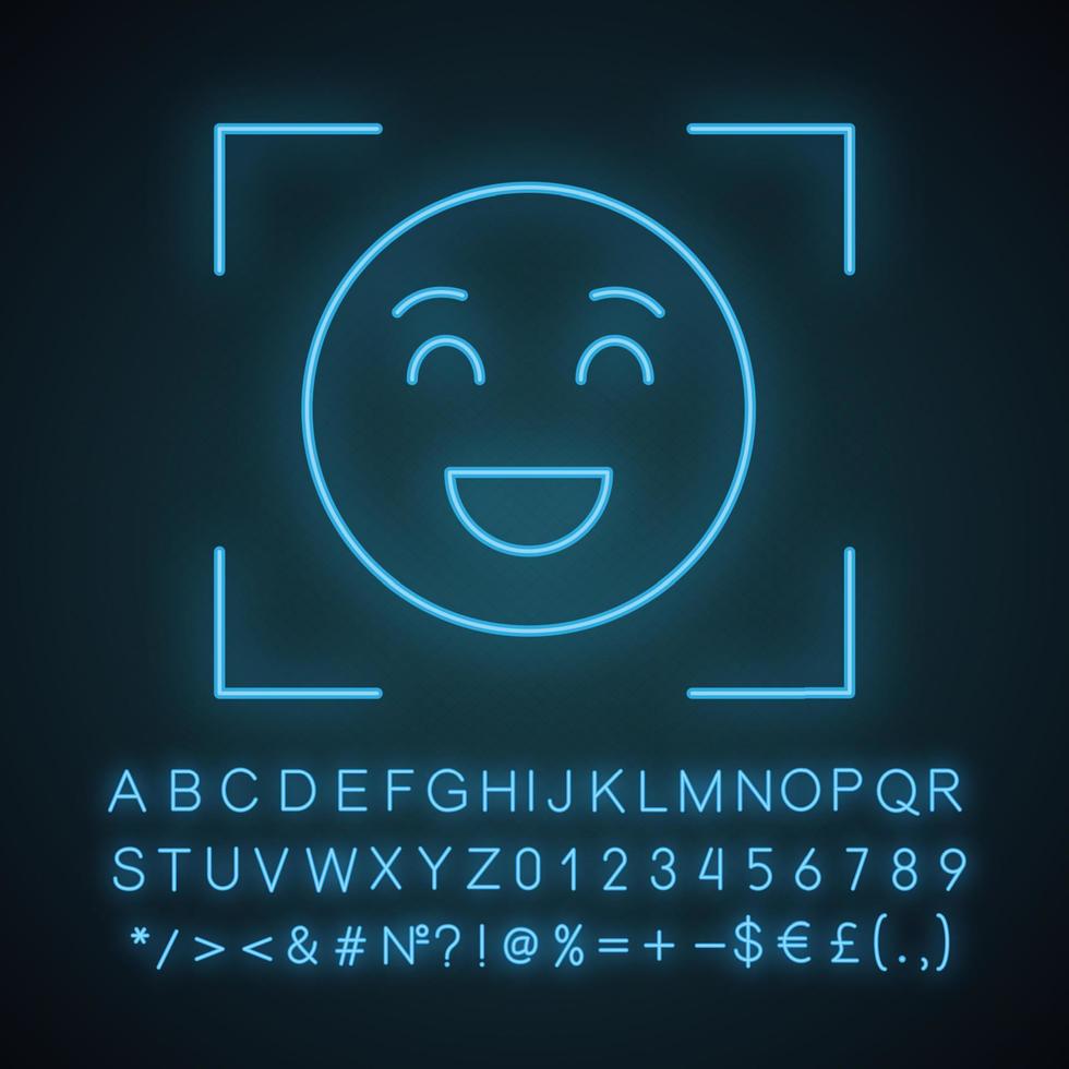 icona della luce al neon di riconoscimento facciale. scansione facciale. segno luminoso con alfabeto, numeri e simboli. app di rilevamento delle emozioni. faccia id. smiley a fuoco. illustrazione vettoriale isolato