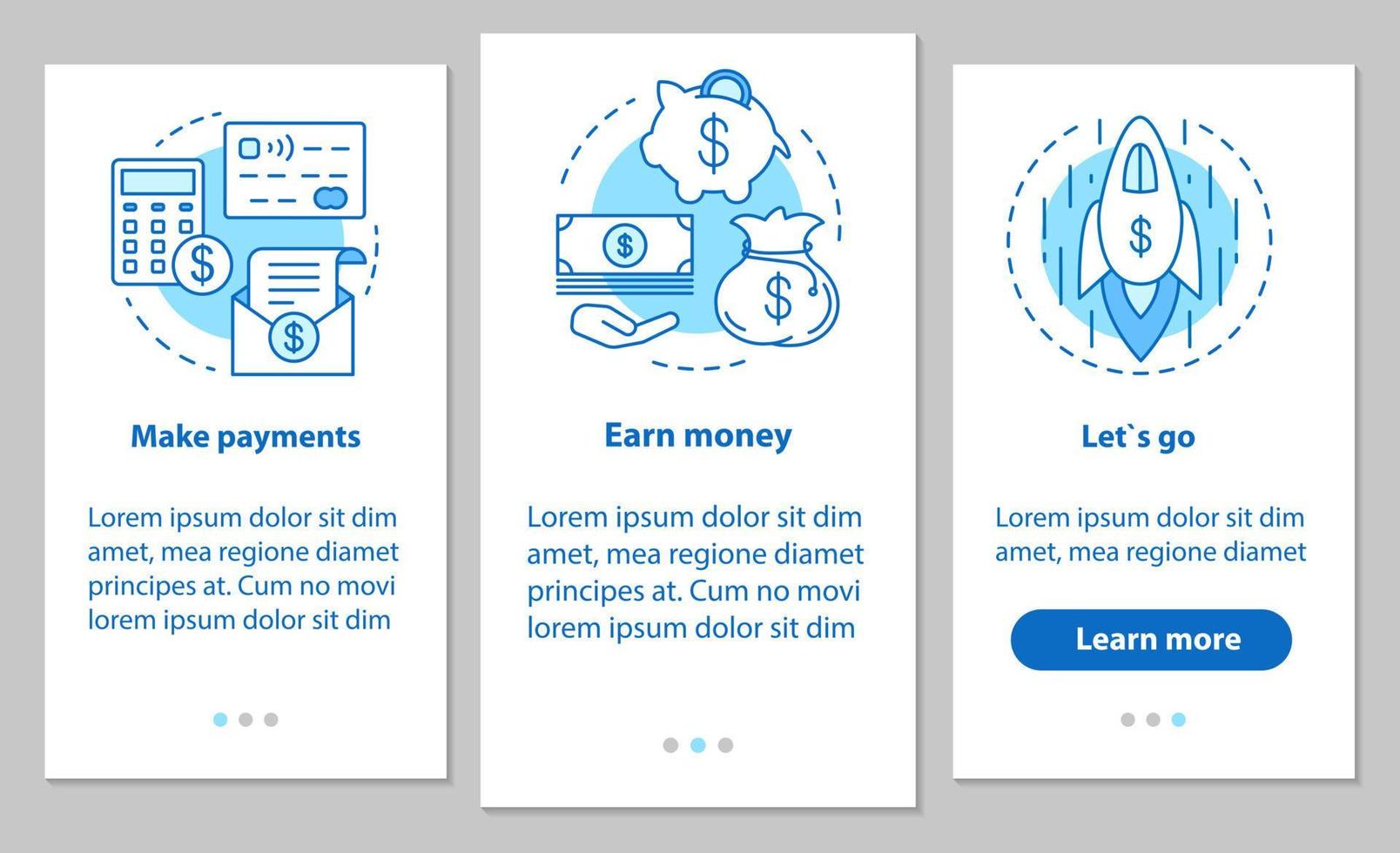 sviluppo del business onboarding schermata della pagina dell'app mobile con concetti lineari. servizi finanziari. effettuare pagamenti, guadagnare denaro, avviare startup. istruzioni per i passaggi. ux, ui, illustrazioni vettoriali gui