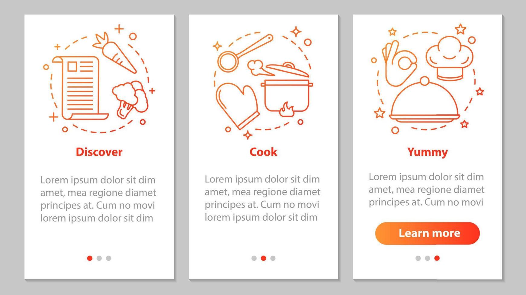 schermata della pagina dell'app mobile per l'onboarding della cucina del cibo con concetti lineari. trova ricette, preparazione dei pasti, istruzioni grafiche per piatti deliziosi. ux, ui, modello vettoriale gui con illustrazioni