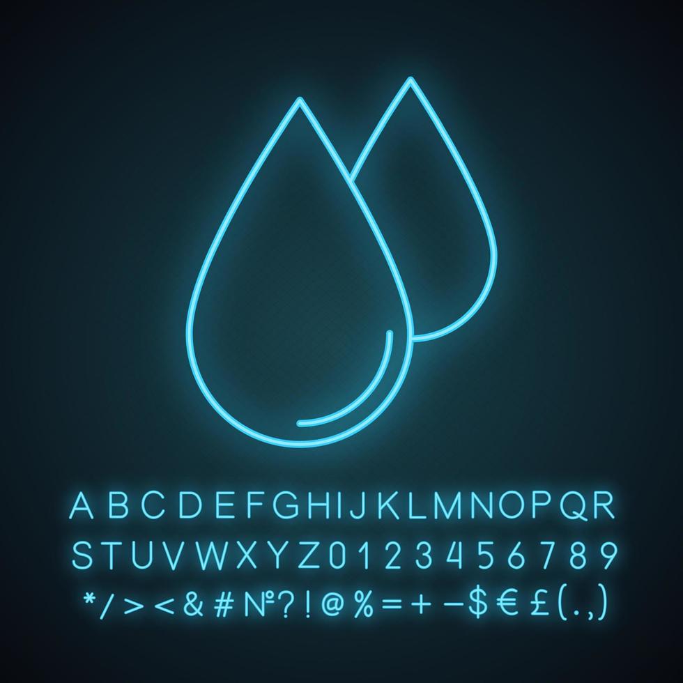 icona della luce al neon delle gocce d'acqua. liquido. goccia di pioggia. segno luminoso con alfabeto, numeri e simboli. illustrazione vettoriale isolato