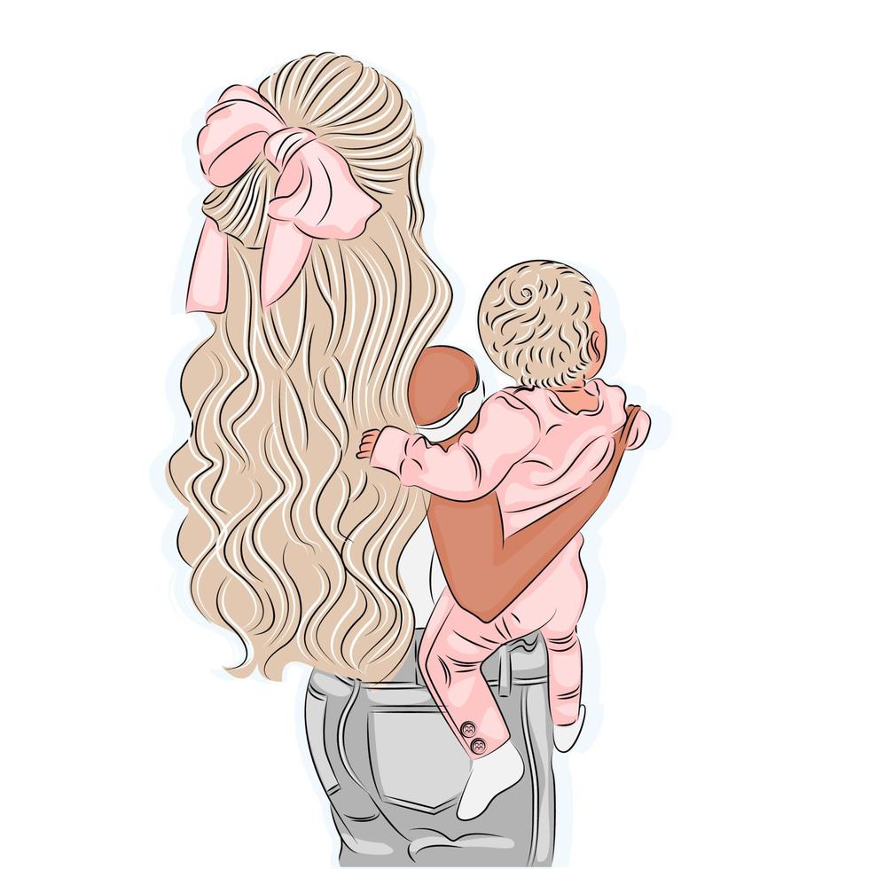 giovane madre che tiene in braccio un bambino carino, schizzo con una linea a colori, illustrazione vettoriale di una madre che tiene in braccio la sua piccola figlia, biglietto di auguri per la festa della mamma felice.