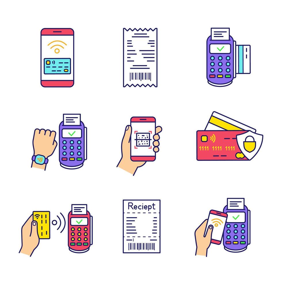 set di icone a colori di pagamento NFC. pagare con smartphone e carta di credito, scontrino fiscale, terminale pos, scanner di codici qr, smartwatch nfc. illustrazioni vettoriali isolate