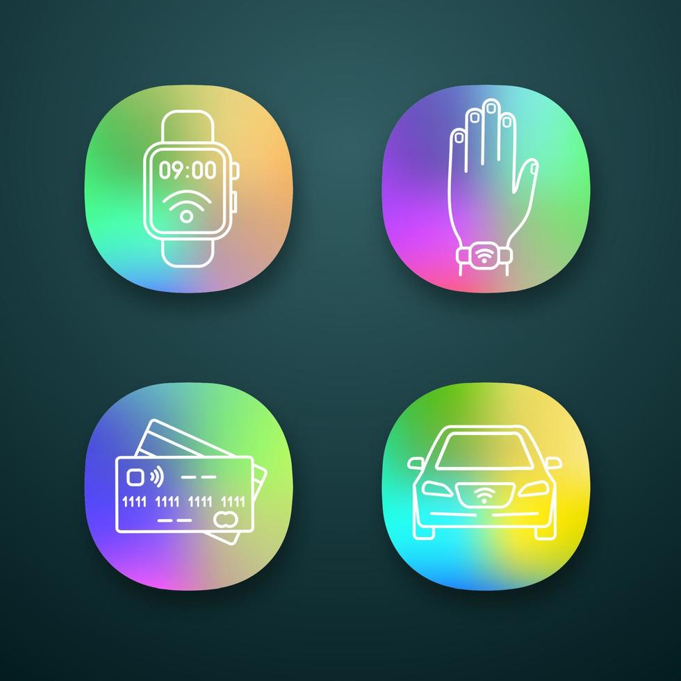 set di icone dell'app per la tecnologia NFC. smartwatch da campo vicino, braccialetto, carte di credito, auto. interfaccia utente ui ux. applicazioni web o mobili. illustrazioni vettoriali isolate