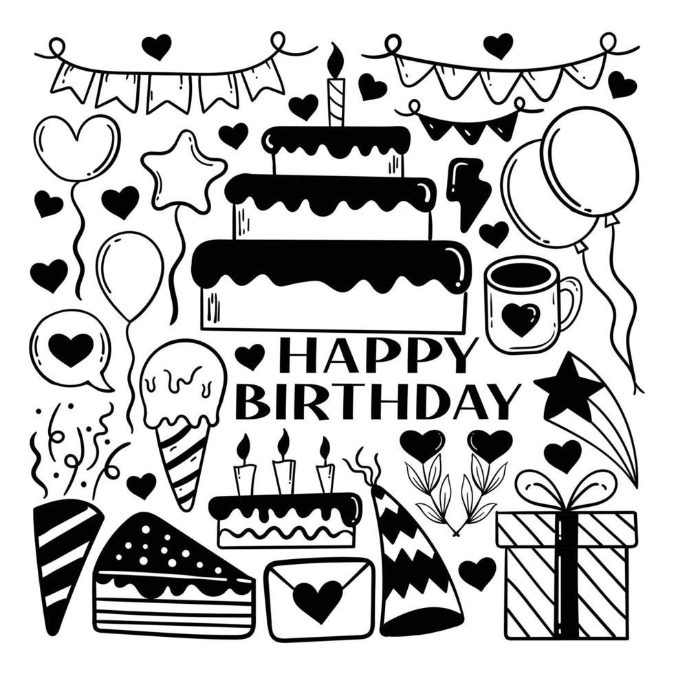 elementi disegnati a mano doodle buon compleanno premium vettore