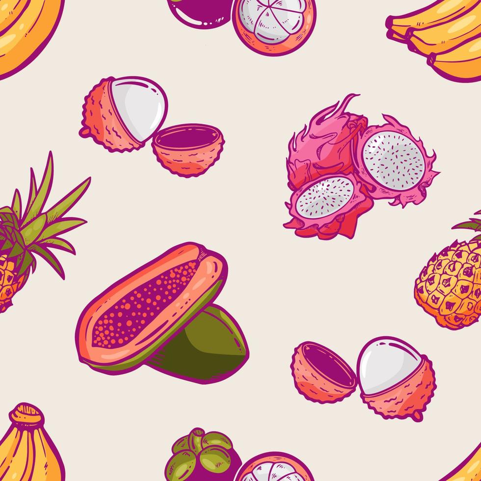 fondo senza cuciture del modello della frutta tropicale di doodle sveglio vettore