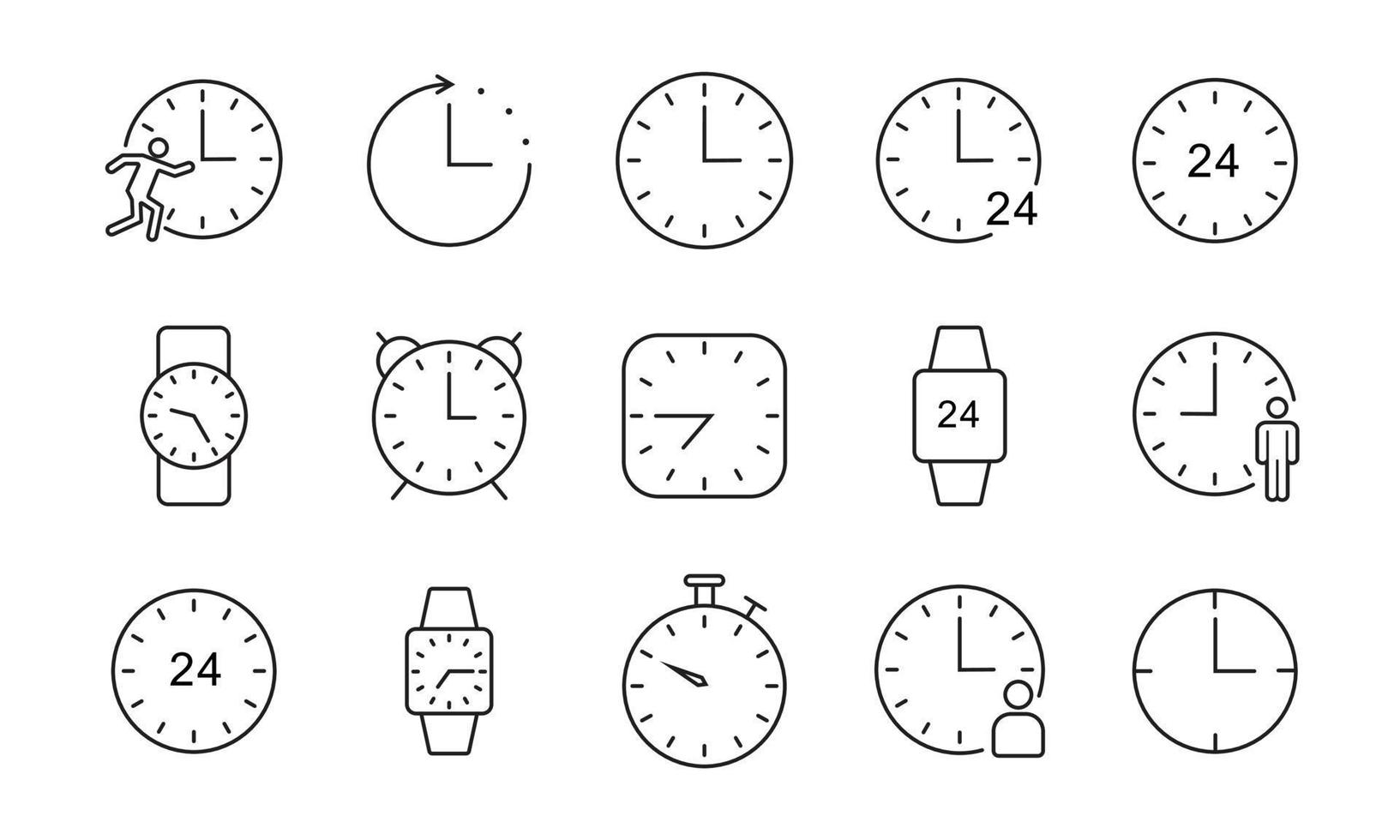 set di tempo e orologio nel design dell'icona di linea sottile. raccolta di icone vettoriali con stile minimalista.
