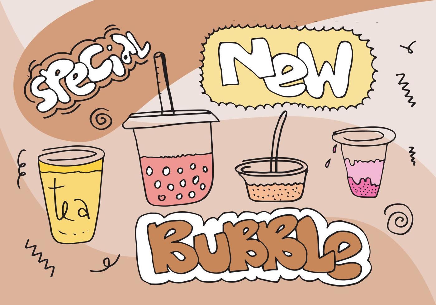 design di promozioni speciali per tè a bolle, banner pubblicitario in stile doodle. illustrazione vettoriale. vettore