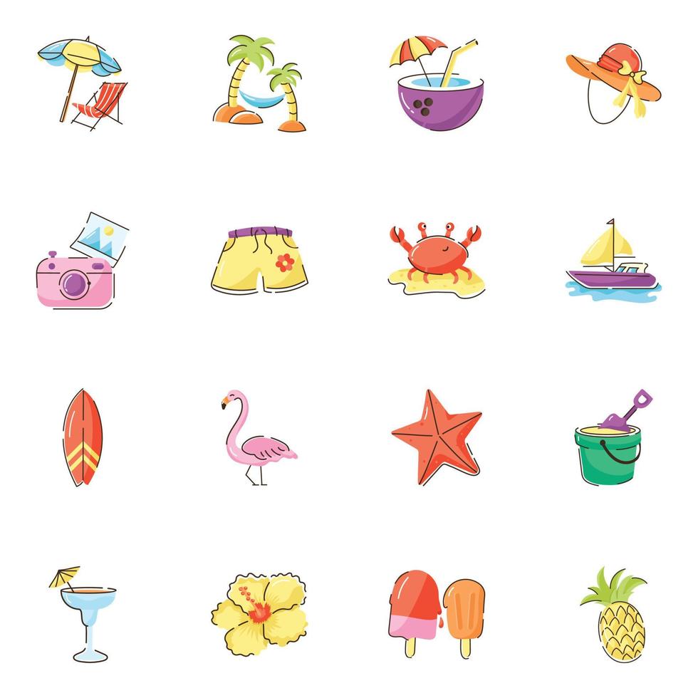set di icone piatte di doodle spiaggia vettore