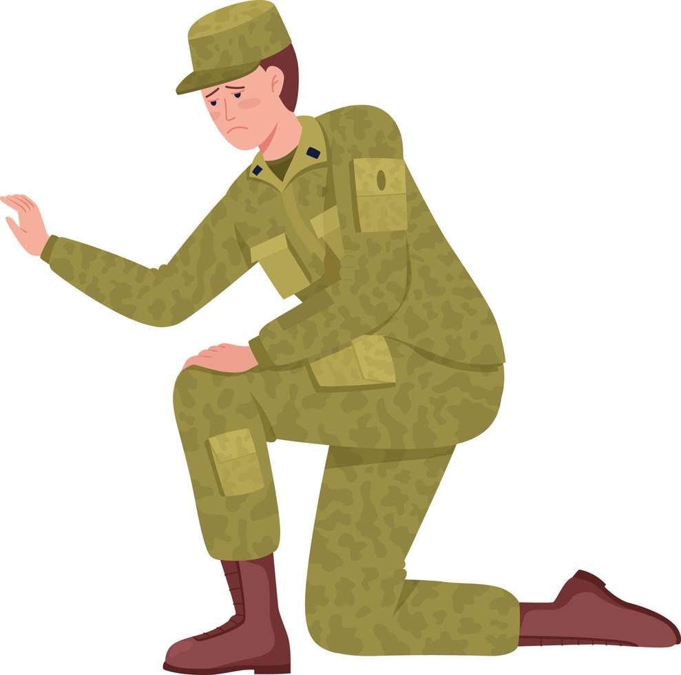 uomo militare sconvolto in piedi sul ginocchio carattere vettoriale a colori semi piatto