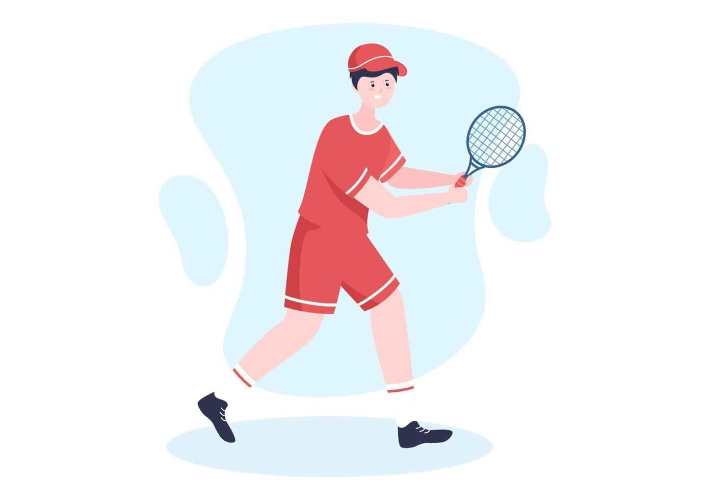 giocatore di tennis con la racchetta in mano e la palla in campo. persone che fanno una partita di sport in un'illustrazione piatta del fumetto vettore