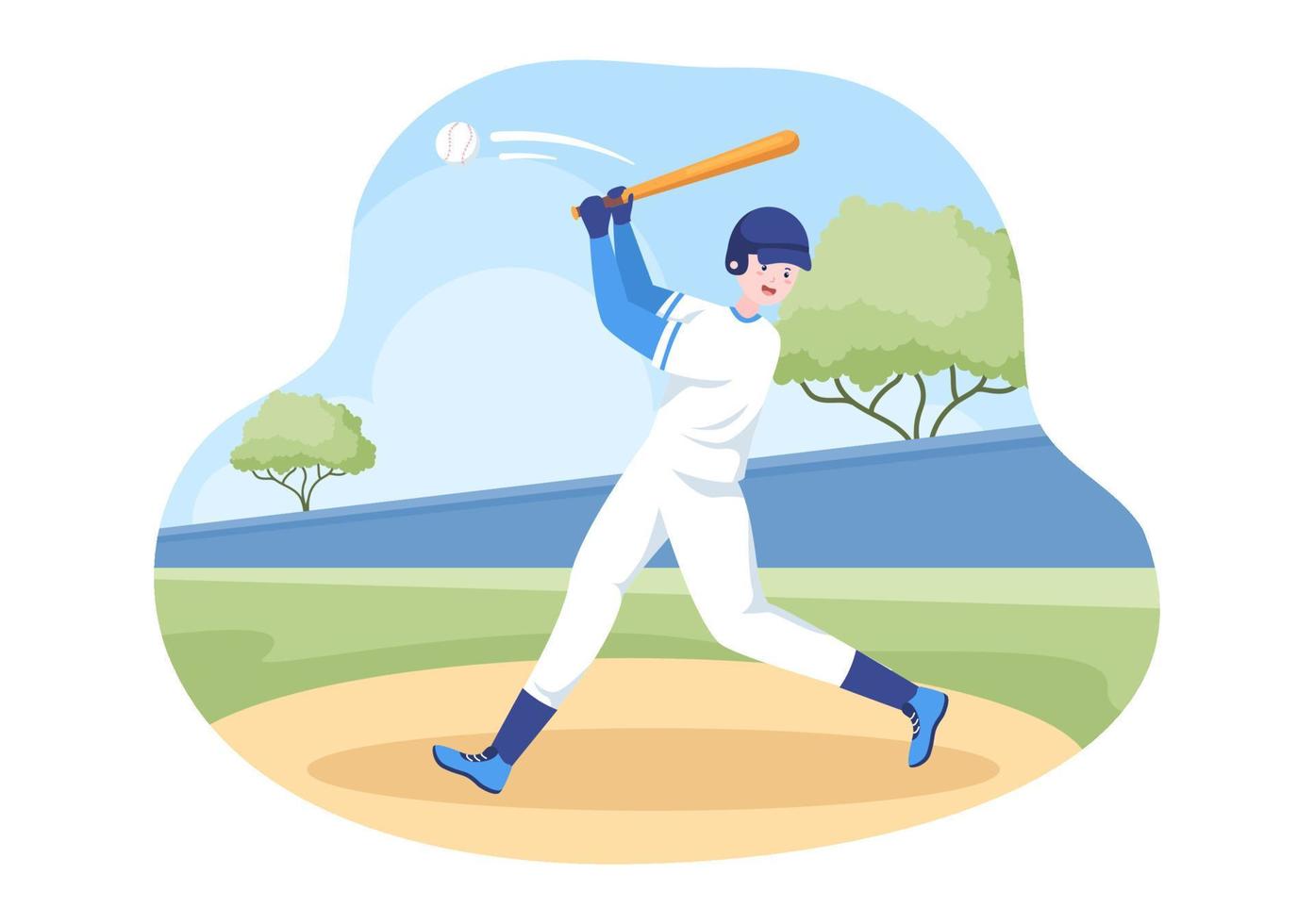 il giocatore di baseball fa sport lanciando, catturando o colpendo una palla con mazze e guanti che indossano l'uniforme sullo stadio del campo in un'illustrazione piatta del fumetto vettore